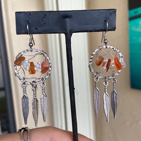 Carnelian & crystal quartz dream catcher earrings - Picture 2 of 6